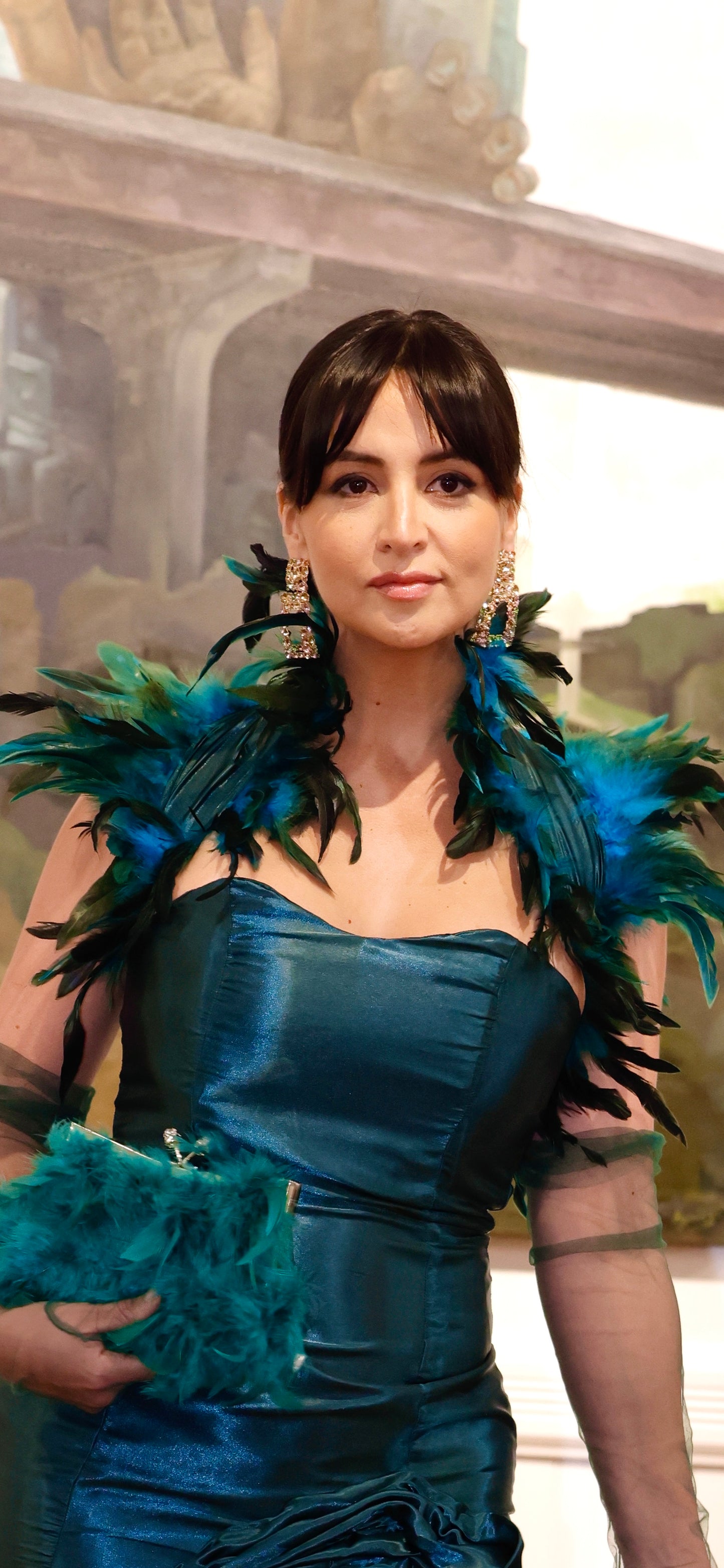 The Esmeralda – Teal Feathered Gown with High Slit