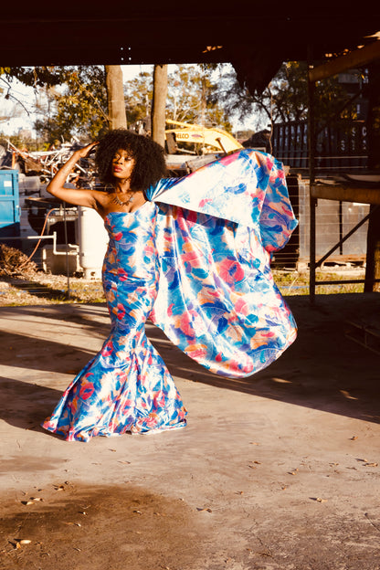 The Marina – One-Shoulder Tropical Print Gown