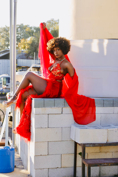 The Scarlet Serenade - Bold Red Gown with Gold Floral Details