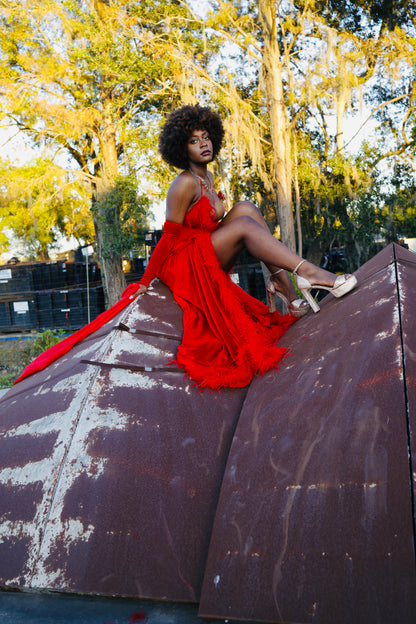 The Scarlet Serenade - Bold Red Gown with Gold Floral Details