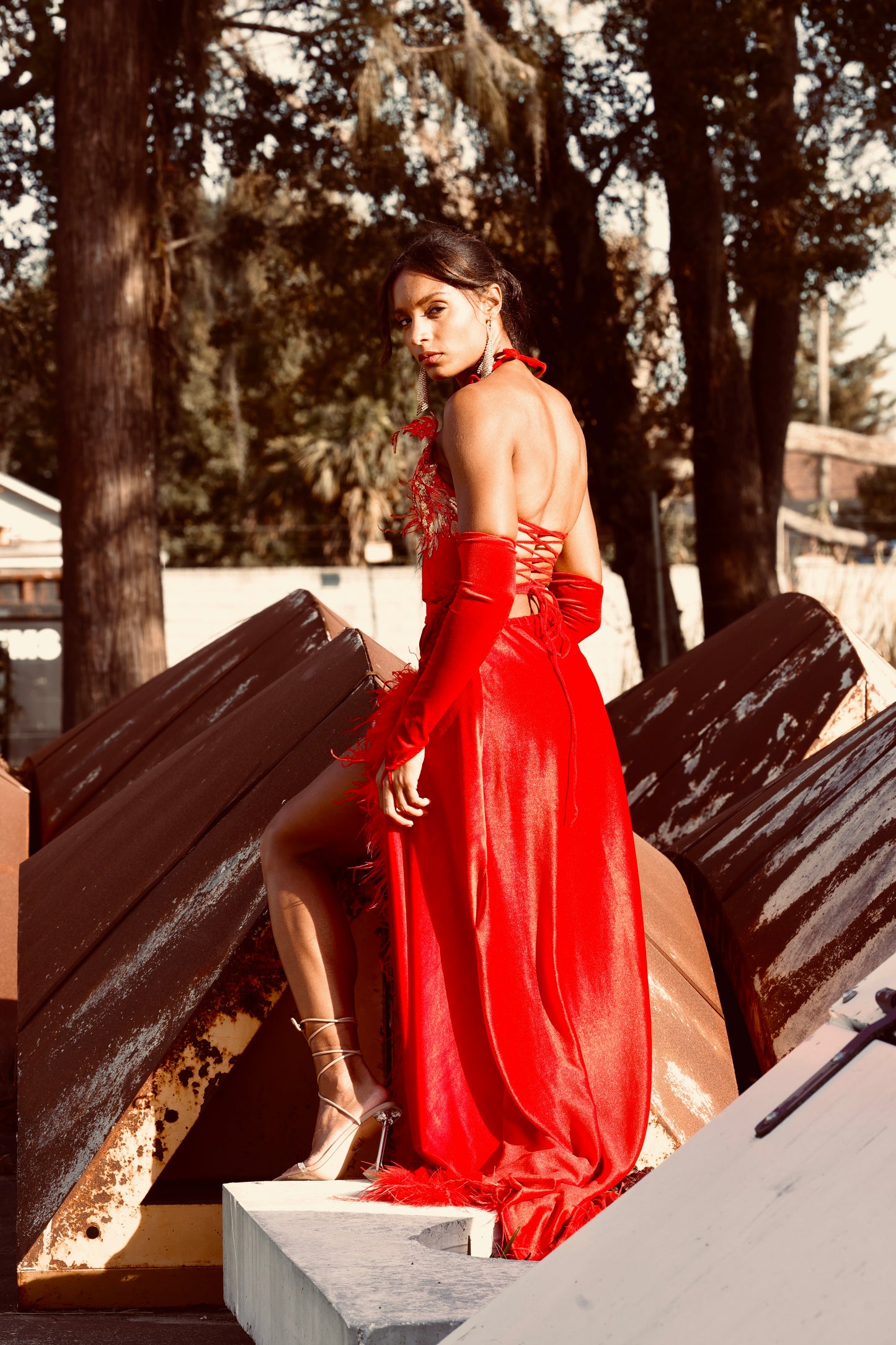 The Scarlet Serenade - Bold Red Gown with Gold Floral Details