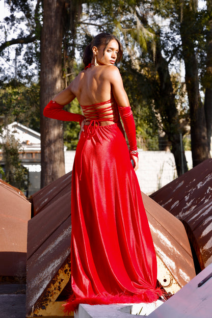 The Scarlet Serenade - Bold Red Gown with Gold Floral Details