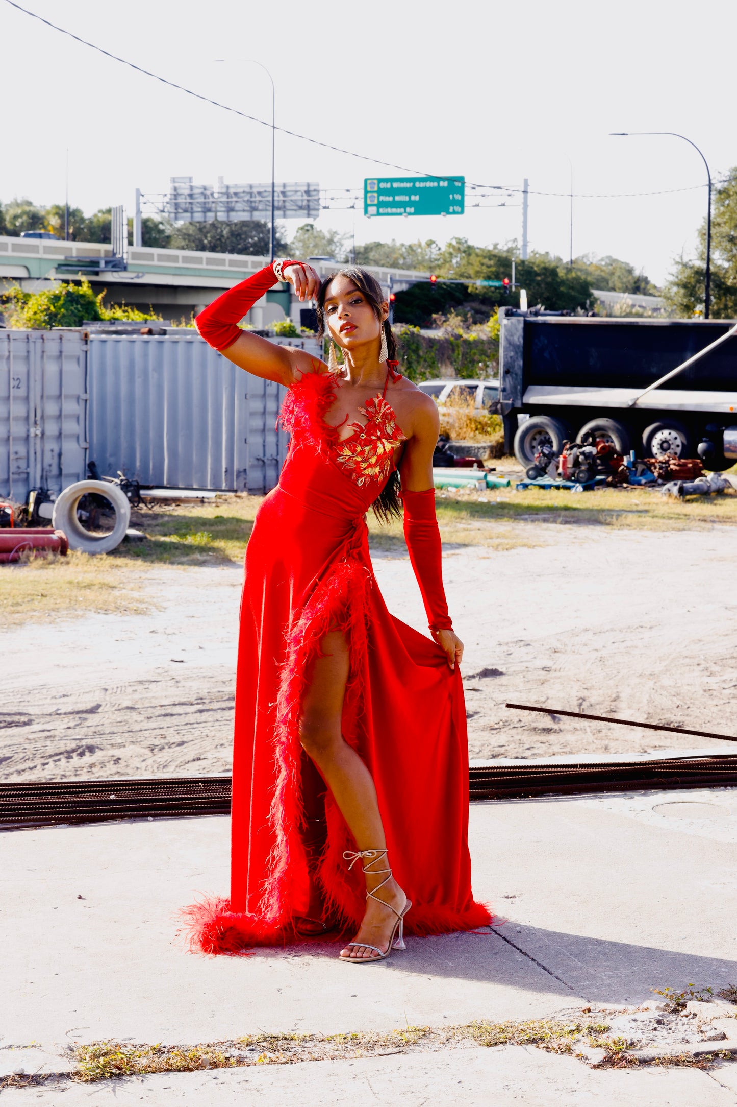 The Scarlet Serenade - Bold Red Gown with Gold Floral Details