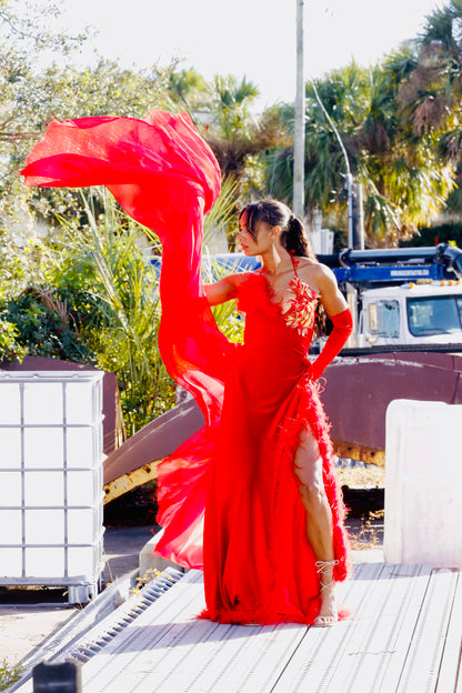 The Scarlet Serenade - Bold Red Gown with Gold Floral Details