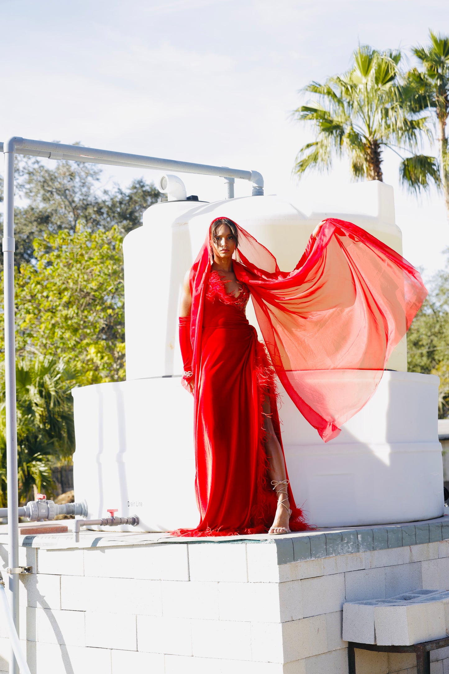 The Scarlet Serenade - Bold Red Gown with Gold Floral Details