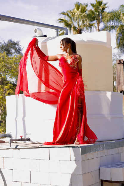 The Scarlet Serenade - Bold Red Gown with Gold Floral Details