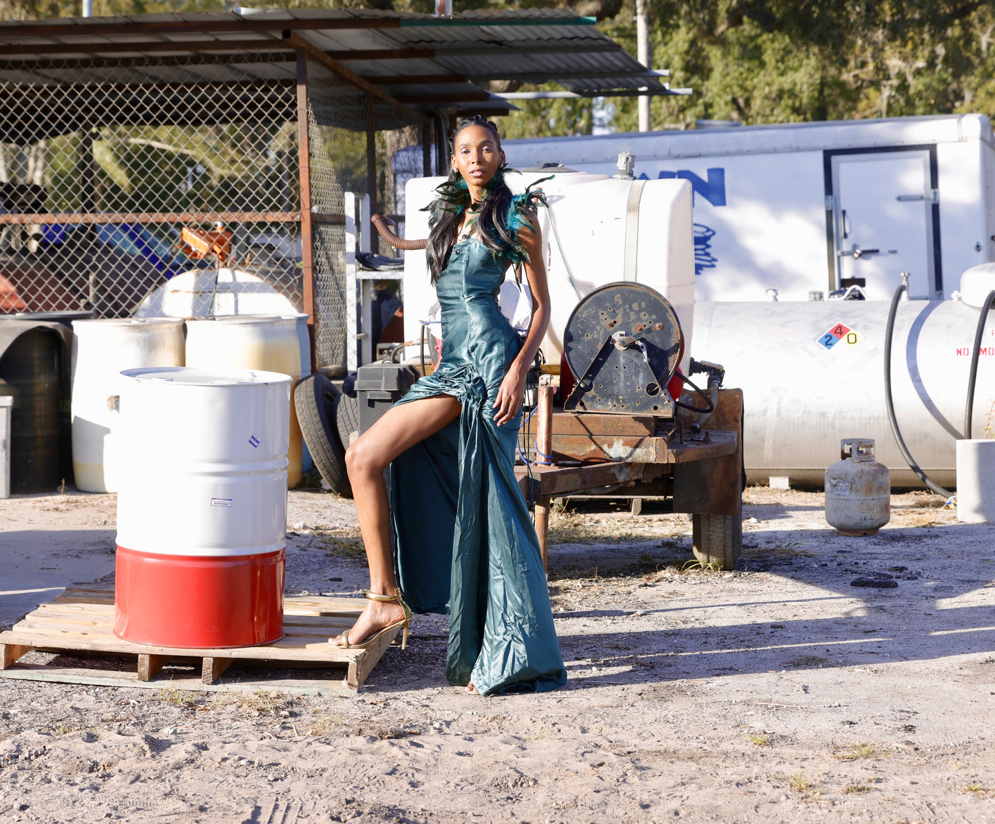 The Esmeralda – Teal Feathered Gown with High Slit