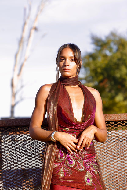 The Maria – Burgundy Embroidered Halter Dress with Sheer Ties